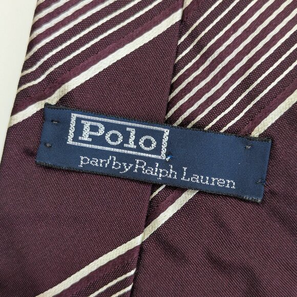 Vintage Polo Ralph Lauren Burgundy Striped Silk Tie - Made in Canada - Picture 4 of 8